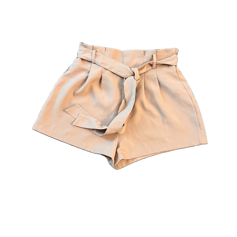 Iris Women's High Waisted Paper Bag Shorts Medium Pleated Lightweight Belted Tan